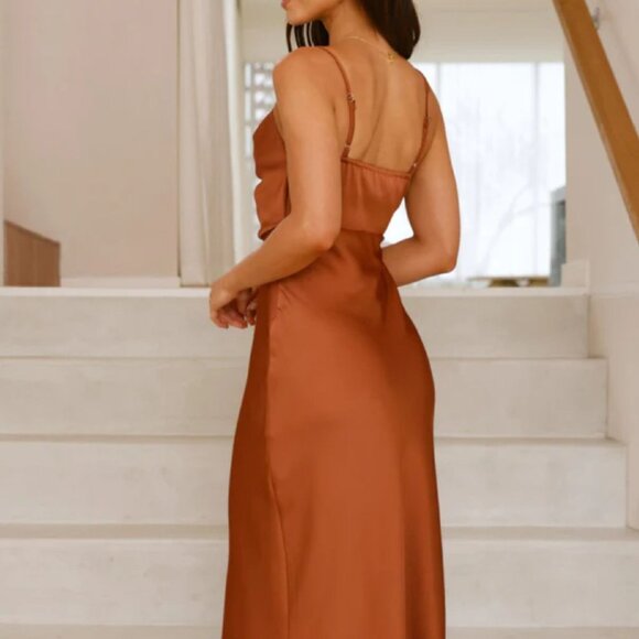 Satin Asymmetrical Midi Dress | New Sleeveless Sheath Dress w/ Cowl Neck - Picture 7 of 9